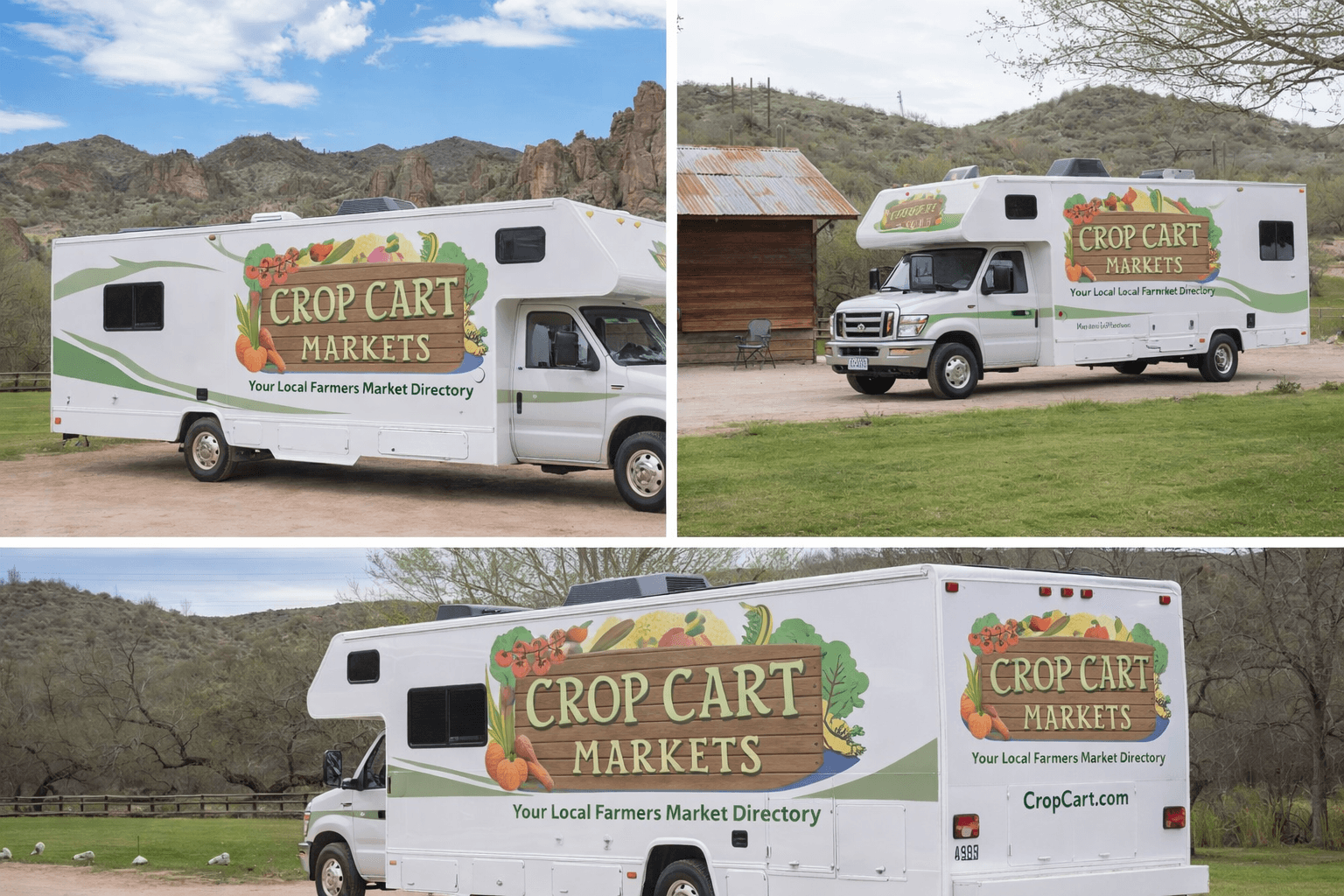 The official CropCart Markets RV - a branded Class C motorhome visiting farmers markets across America