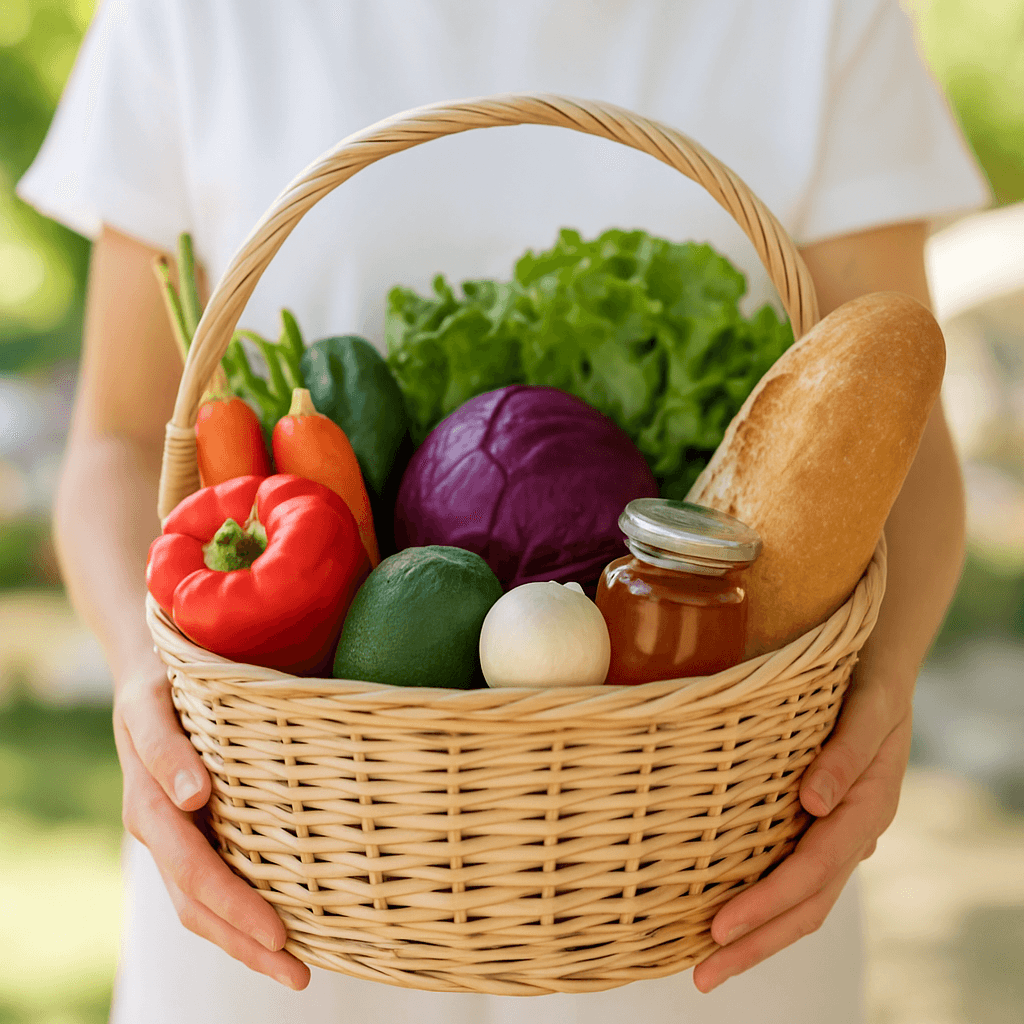 A shopper holding a basket of fresh produce, bread, and honey at a farmers market
