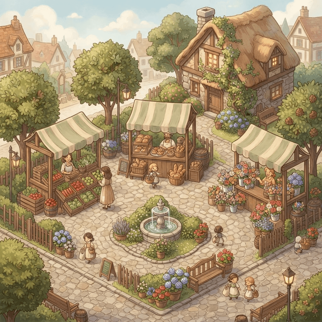Isometric illustration of a cozy farmers market with vendor booths and shoppers
